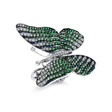 Ring 18 kt WG, Fassung teils schwarz rhodinie, 134 Brill. 3,61 ct, TW-vsi/si, 230 Saphire 9,18 ct blau, 171 Tsavorith 7,26 ct grün