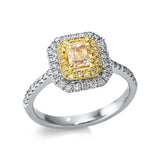 Ring 18 kt WG+GG, 40 Brill. 0,30 ct, TW-si, 1 Cushion 0,63 ct, gelb, 18 Brill. 0,11 ct, gelb