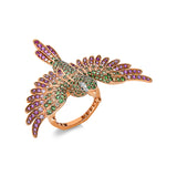 Ring 18 kt RG+WG, 12 Brill. 0,07 ct, TW-vsi, 2 Brill. 0,01 ct, schwarz, 112 Saphire 1,43 ct multicolor, 147 Tsavorith 1,79 ct grün