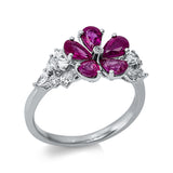 Ring 18 kt WG, 2 Nav0,06 ct, 6 Tropfen 0,21ct,2 Oval 0,15ct, 3 Brill.0,04 ct, TW-si, 5 Rubine 1,47ct rot