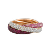 Ring 18 kt RG, teils schwarz rhodiniert, 159 Brillanten 1,13 ct, TW-vsi, 159 Saphire 1,25 ct pink, 159 Rubine 1,39 ct
