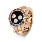 Ring 18 kt RG, 3 Brill. 0,18 ct, TW-si, 28 Brill. 0,12 ct, TW-si, 116 Brill. 0,31 ct, TW-si, 1 Emaille 0,18 ct schwarz, 29 Saphire 0,76 ct multicolor