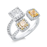 Ring 18 kt WG+GG, GIA 2pcs, 2 Cushion 1,02 ct, gelb, 1 Princ. 0,52 ct, vsi/si, 120 Brill. 0.64 ct, TW-vsi
