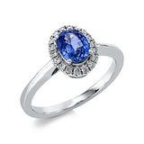 Ring 18 kt WG, 18 Brill. 0,12 ct, TW-pi, 1 Saphir 0,92 ct blau
