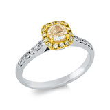 Ring 18 kt WG+GG, GIA2478789778, 12 Brill. 0,16 ct, TW-si, 1 Cushion 0,72 ct, gelb, 14 Brill. 0,11 ct, gelb