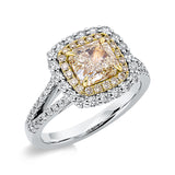 Ring 18 kt WG+GG, GIA 15823946, 1 Radiant 1,50 ct, 20 Brill. 0,14 ct, gelb, 52 Brill. 0,49 ct, TW-si,