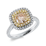 Ring 18 kt WG+GG, GIA 1159481740, 1 Cushion 1,55 ct, gelb-si2, 46 Brill. 0,23 ct, TW-si, 20 Brill. 0,16 ct, gelb