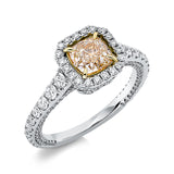 Ring 18 kt WG+GG, GIA 1309132415, 1 Cushion 1,07 ct, gelb, 6 Brill. 0,24 ct, 142 Brill. 0,78 ct, TW-si