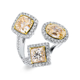 Ring 18 kt WG+GG, 1 Cushion 1,11 ct, 1 Princ. 1,02 ct, 1 Oval 1,00 ct, gelb, 86 Brill. 0,47 ct, TW-si,