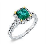 Ring 18 kt WG+GG, 28 Brill. 0,68 ct, TW-si, 1 Smaragd 1,38 ct grün