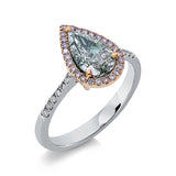 Ring 18 kt WG+RG, GIA, 26 Brill. 0,12 ct, pink-vsi, 14 Brill. 0,08 ct, F-vsi, 1 Tropfen 1,28 ct, grün-si1