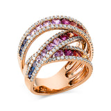Ring 18 kt RG, 180 Brill. 1,13 ct, TW-si, 3 Rubine 0,37 ct rot, 40 Saphire 2,60 ct fancy