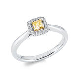 Ring 18 kt WG+GG, 16 Brill. 0,08 ct, TW-si, 1 Cushion 0,20 ct, gelb