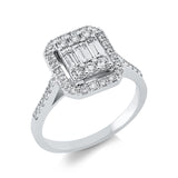 Ring 14 kt WG, 3 Bag. 0,40 ct, F-vsi, 6 Brill. 0,17 ct, F-si, 34 Brill. 0,27 ct, F-si
