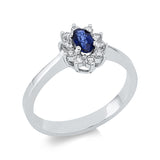 Ring 18 kt WG, 10 Brill. 0,22 ct, F-si, 1 Saphir 0,36 ct blau