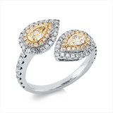 Ring 18 kt WG+GG, 32 Brill. 0,16 ct, gelb-si, 2 Tropfen 0,55 ct, gelb-vsi, 58 Brill. 0,57 ct, TW-pi
