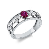 Ring 18 kt WG, 16 Brill. 0,48 ct, W-pi, 1 Rubin 0,34 ct rot