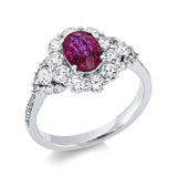 Ring 18 kt WG, 12 Brill. 0,86 ct, TW-si, 24 Brill. 0,18 ct, TW-si, 1 Rubin 1,03 ct rot