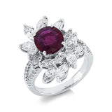 Ring 18 kt WG, 16 Tropfen 2,38 ct, TW-si, 32 Brill. 0,19 ct, TW-si, 1 Rubin 2,34 ct rot