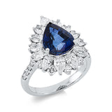 Ring 18 kt WG, 13 Tropfen 1,42 ct, TW-si, 23 Brill. 0,48 ct, TW-si, 1 Saphir 4,09 ct blau
