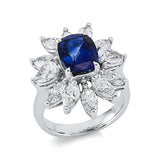 Ring 18 kt WG, 2 Tropfen 0,80 ct, TW-vsi/si, 10 Nav. 1,93 ct, TW-vsi/si, 1 Saphir 3,66 ct blau