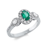 Ring 18 kt WG, 2 Tropfen 0,16 ct, TW-si, 44 Brill. 0,33 ct, TW-si, 1 Smaragd 0,39 ct grün