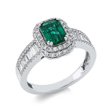 Ring 18 kt WG, 16 Bag. 0,33 ct, TW-si, 80 Brill. 0,48 ct, TW-si, 1 Smaragd 0,94 ct grün