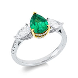 Ring 18 kt WG+GG, 2 Tropfen 0,64 ct, W-pi, 57 Brill. 0,28 ct, W-pi, 1 Smaragd 1,05 ct grün