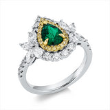 Ring 18 kt ,8 Tropfen 0,68 ct, 23 Brill. 0,47 ct, TW-si, 24 Brill. 0,10 ct, gelb, 1 Smaragd 0,68 ct grün