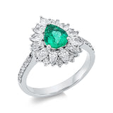 Ring 18 kt WG, 12 Tropfen 0,83 ct, TW-si, 24 Brill. 0,38 ct, TW-si, 1 Smaragd 0,78 ct grün