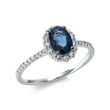 Ring 18 kt WG, 14 Brill. 0,20 ct, TW-si, 18 Brill. 0,08 ct, TW-si, 1 Saphir 0,94 ct blau