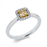 Ring 18 kt WG+GG, 20 Brill. 0,09 ct, TW-si, 1 Cushion 0,33 ct, gelb