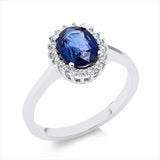 Ring 18 kt WG, 20 Brill. 0,16 ct, F-si, 1 Saphir 1,47 ct blau