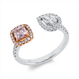 Ring 18 kt WG+RG, 1 Cush 0,44 ct, pink, 1 Tropfen 0,23 ct, 28 Brill. 0,26 ct, vsi/si, 20 Brill. 0,08 ct, pink
