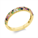 Ring 14 kt GG, 3 Brill. 0,05 ct, W-vsi, 32 Farbsteine 0,69 ct multicolor