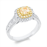 Ring 18 kt WG+GG, 24 Bag. 0,34 ct, 62 Brill. 0,26 ct, TW-si, 1 Cushion 0,91ct, gelb,16 Brill.0,12ct, gelb