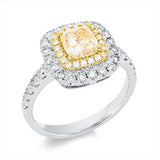 Ring 18 kt WG+GG, 30 Brill. 0,62 ct, TW-si, 1 Cushion 1,28 ct, gelb, 20 Brill. 0,15 ct, gelb