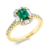 Ring 18 kt GG, 4 Bag. 0,34 ct, F-vsi/si, 20 Brill. 0,31 ct, F-vsi/si, 1 Smaragd 1,05 ct grün