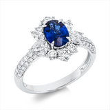 Ring 18 kt WG, 2 Brill. 0,19 ct, 6 Nav. 0,39 ct, TW-si, 44 Brill. 0,46 ct, TW-si, 1 Saphir 1,03 ct blau