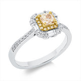 Ring 18 kt WG+GG, 4 Bag. 0,16 ct, 24 Brill. 0,23 ct, TW-si, 1 Cushion 0,38 ct, gelb, 16 Brill. 0,04 ct, gelb