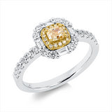 Ring 18 kt WG+GG, 4 Bag. 0,14 ct,20 Brill. 0,43 ct, TW-si, 1 Cushion 0,29 ct, gelb, 16 Brill. 0,05 ct, gelb