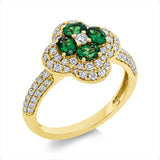 Ring 18 kt GG, 30 Brill. 0,39 ct,1 Brill. 0,05 ct,F-vsi/si, 52 Brill. 0,34 ct, F-vsi/si, 4 Smaragde 0,86 ct grün
