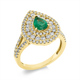 Ring 18 kt GG, 17 Brill. 0,52 ct, 60 Brill. 0,40 ct, 20 Brill. 0,21 ct, F-vsi/si, 1 Smaragd 0,61 ct grün