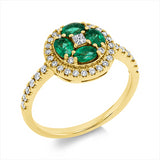 Ring 18 kt GG,12 Brill. 0,15 ct,1 Princ. 0,06 ct, F-vsi/si, 28 Brill. 0,19 ct, TW-pi,4 Smaragde 0,63 ct grün