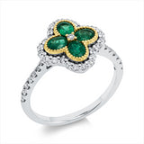 Ring 18 kt WG+GG, 37 Brill. 0,45 ct, TW-si, 2 Brill. 0,01 ct, TW-si, 4 Smaragde 0,63 ct grün