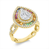Ring 18 kt GG, 5 Fantasie-Schliff 0,49 ct,  F-vsi/si, 92 Brill. 0,63 ct, TW-si, 19 Saphire 0,65 ct multicolor