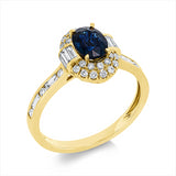 Ring 18 kt GG, 26 Brill. 0,25 ct, 10 Bag. 0,32 ct, F-vsi/si, 4 Brill. 0,03 ct, TW-si, 1 Saphir 1,08 ct blau