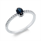 Ring 18 kt WG, 18 Brill. 0,13 ct, F-vsi/si, 1 Saphir 0,47 ct blau