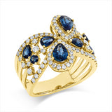 Ring 18 kt GG, 32 Brill. 0,39 ct, 4 Brill. 0,12 ct, TW-si, 42 Brill. 0,28 ct, TW-si, 8 Saphire 1,63 ct blau