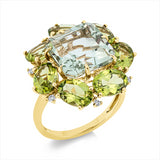 Ring 18 kt GG, 7 Brill. 0,09 ct, TW-si, 1 Amethyst 6,70 ct grün, 7 Peridot 6,40 ct grün